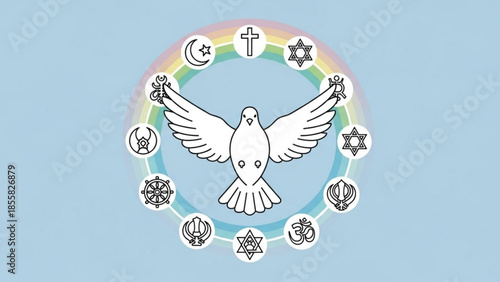 Dove surrounded by religious symbols and rainbow on blue background representing peace and harmony among different faiths and cultures globally