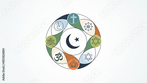 Diverse religious symbols in a circular pattern representing unity and harmony among different faiths and cultures globally