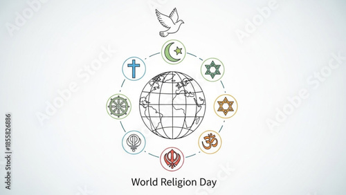 World religion day, global unity, diverse faiths, religious symbols, earth, dove, cross, crescent moon, star, jewish star, om, ohm, symbol, logo, icons, illustration