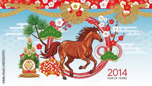 Vibrant 2014 year of the horse illustration with brown horse, cherry blossoms, pine and traditional japanese new year decorations on blue background