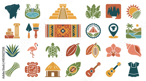 Vector Icons Set of Collection of vibrant flat design icons representing Central American culture and nature. Vector Illustration. EPS Editable