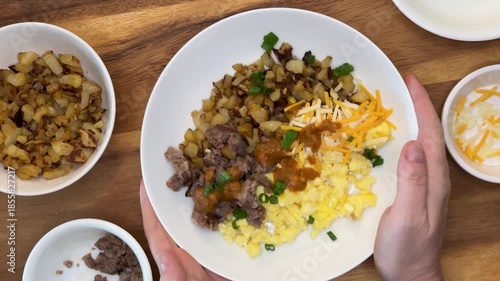 Serving a Breakfast Bowl with Scrambked Eggs, Hash Browns and Sausage