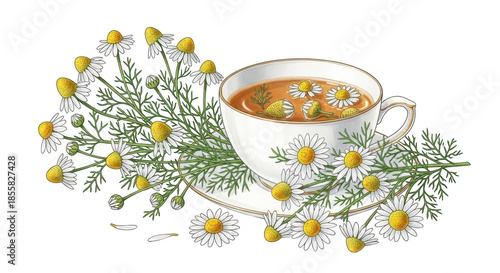 White teacup filled with chamomile tea surrounded by fresh chamomile flowers and green leaves on a black background
