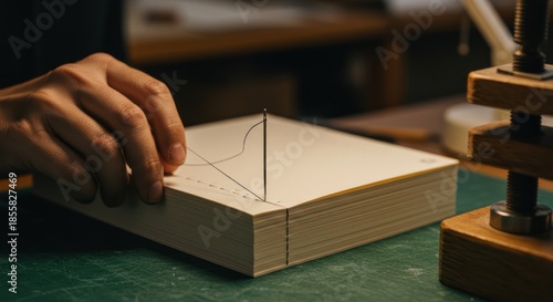 Artisan bookbinder carefully marking a book spine.