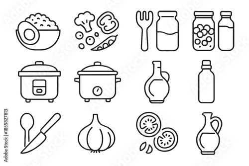 Cutting meal icons mix spice icon vector veggie cruet bulb tomato water