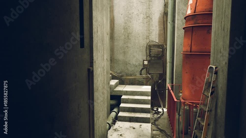 A shadowy corridor within an industrial structure reveals rough concrete walls, steep stairs, and an orange cylindrical object, highlighting the buildings raw, utilitarian nature.