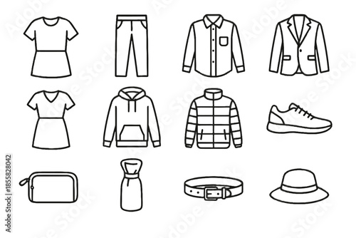 Travel dress lightweight jacket icon shoes comfortable vector minimalist clothing toiletry