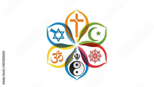 Religious symbols of christianity, islam, judaism, hinduism, buddhism, sikhism, and taoism in a colorful flower arrangement for diversity and unity