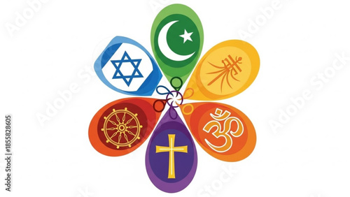 Religious symbols from various faiths including christianity, islam, judaism, hinduism, buddhism, sikhism on white background, representing diversity and unity