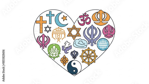 Heart shaped icons of different religious symbols and cultural emblems, representing diversity and unity, faith and spirituality, global beliefs