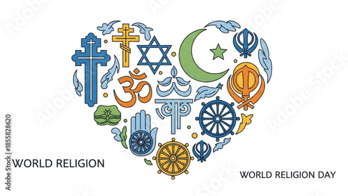 World religion day heart with symbols of different faiths and cultures, representing unity and diversity in a colorful illustration