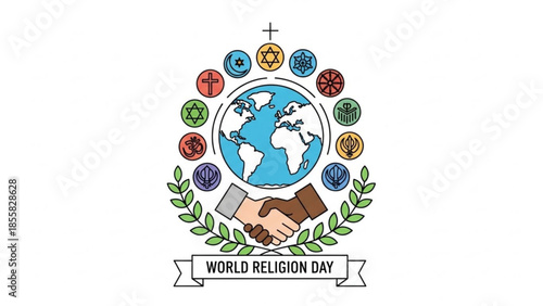 World religion day, global unity, interfaith harmony, shaking hands, earth, religious symbols, laurel wreath, world religion day banner, diverse faiths, peace
