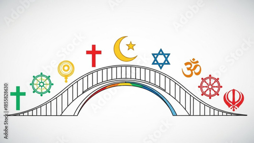 Diverse religious symbols on a bridge with a rainbow, representing unity and harmony among different faiths and cultures worldwide