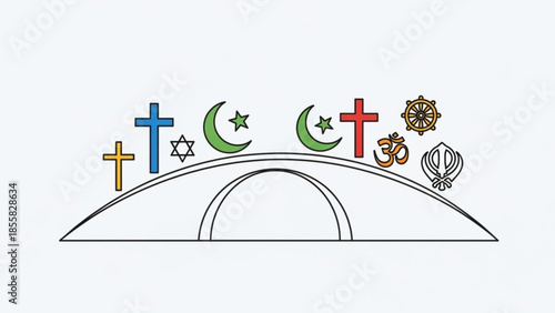 Diverse religious symbols on a bridge, representing unity and harmony among different faiths and cultures, with a minimalist design