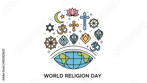 World religion day, diverse faith symbols, global spirituality, cultural icons, religious tolerance, international understanding, eye of the world, unity in diversity