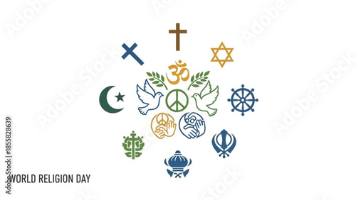 World religion day, diverse faith symbols, peace signs, religious icons, cultural emblems, unity concept, global spirituality, harmony, tolerance, coexistence, religious