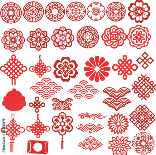 Red Chinese Knot and Floral Ornament Silhouette Set