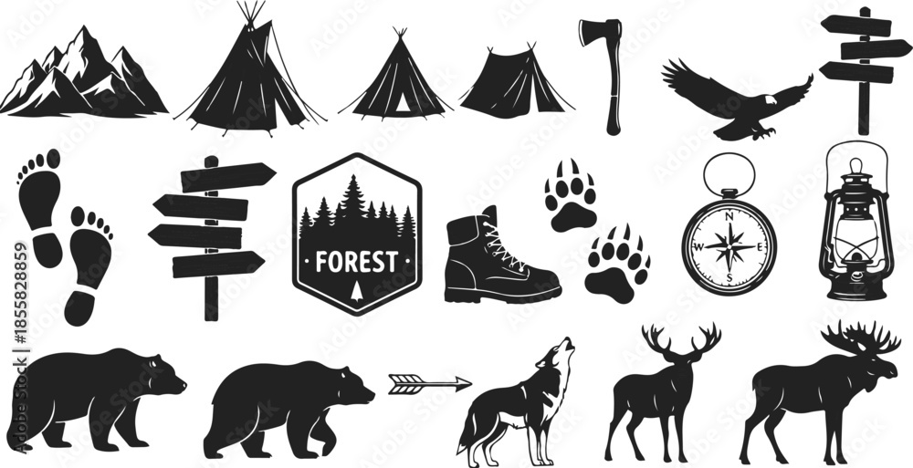 Fototapeta premium Outdoor wilderness camping forest expedition icons and symbols