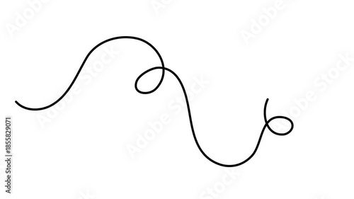 Wavy curly stroke one line art, hand drawn scribbly dividing element drawing continuous contour. Twiddle swirl separator curve strip with volutes and tendril design. Isolated. Editable stroke. Vector