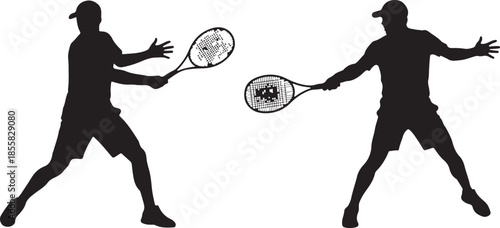 Dynamic Tennis Players Black Silhouette Set Isolated on White Background