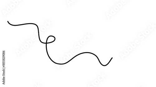 Wavy curly stroke one line art, hand drawn scribbly dividing element drawing continuous contour. Twiddle swirl separator curve strip with volutes and tendril design. Isolated. Editable stroke. Vector