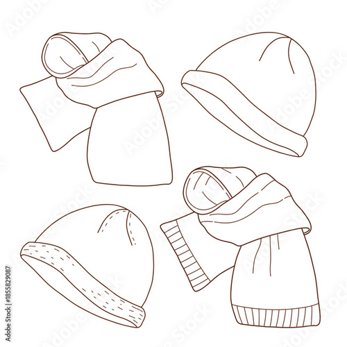 Set of knitted warm items, handmade knitted items. Woolen clothing. Hat, scarf, and gloves. Vector linear illustration. A collection of knitted warm winter clothes. Winter accessories. 
