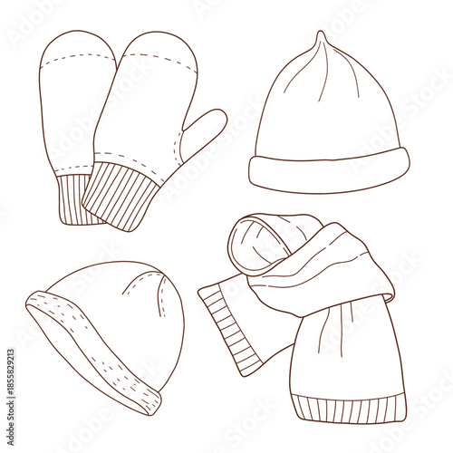 Set of knitted warm items, handmade knitted items. Woolen clothing. Hat, scarf, and gloves. Vector linear illustration. A collection of knitted warm winter clothes. Winter accessories. 