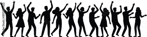 Dancing people silhouettes celebrating party crowd energy, happy men and women dancing together isolated on white background vector illustration concept