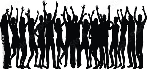 Dancing crowd silhouette celebrating party event with raised hands, happy people group isolated black figures, nightlife festival illustration