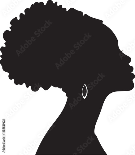 African Black Woman with Afro Hair Profile Silhouette Portrait Hand-drawn Sketch Drawing Vector Illustration, Line Linear Symbol Engraving Coloring Book, Black and White Isolated