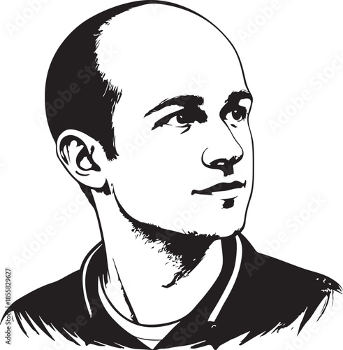 Balding Young Man Hand-drawn Sketch Drawing Vector Illustration, Line Linear Symbol Engraving Coloring Book, Black and White Isolated