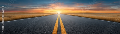 Long road with yellow marking long asphalt road stretches into horizon prominent yellow marks path providing guidance