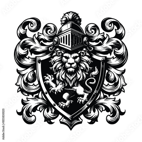 Lion Heraldic Crest with Medieval Knight Shield and Ornate Filigree