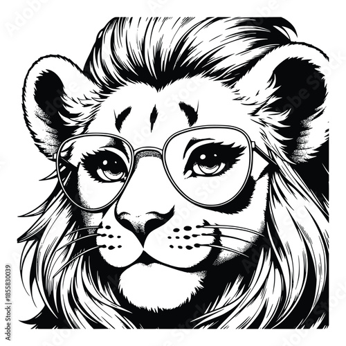 Lion with Glasses Illustration, Black and White Animal Portrait, Hipster Lion Graphic