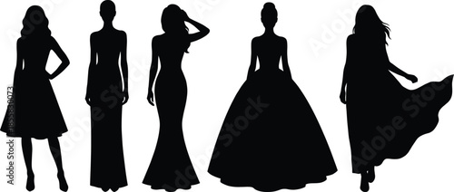 female fashion silhouettes, elegant women dresses illustration, gown outfit poses, stylish female figures, black vector design, isolated white background, template