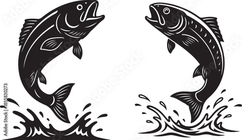 Two Jumping Fish Silhouette Vector Icon Salmon Trout Fishing Sport Logo.