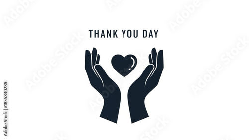 Thank you day palms cupping a heart symbol in black silhouette on white background