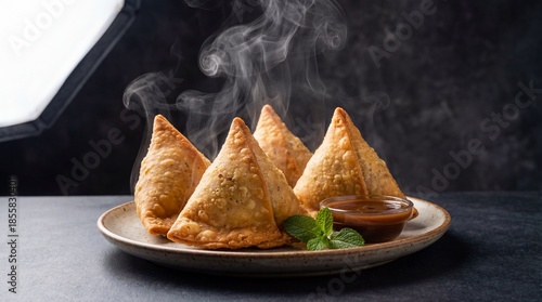 Steaming hot samosas with dipping sauce on plate