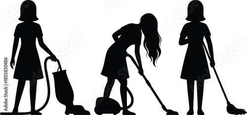 female house cleaning silhouettes, vacuuming sweeping mopping illustration, domestic work routine, housekeeping service concept, black vector isolated design, home interior