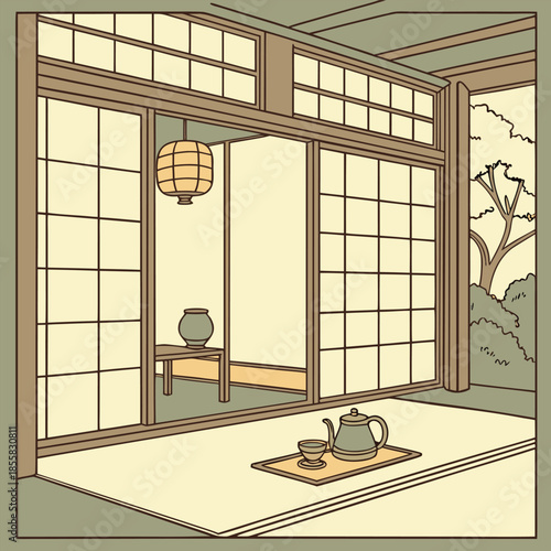 Serene Japanese traditional tatami room with sliding doors and tea set