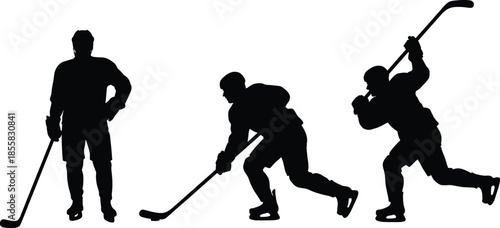 ice hockey player silhouettes, professional sport action poses illustration, skating shooting movements, winter team competition concept, black vector isolated design