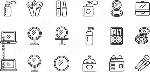 Cosmetic beauty icons line set, makeup tools and skincare products illustration, minimal outline symbols for salon, fashion, branding use