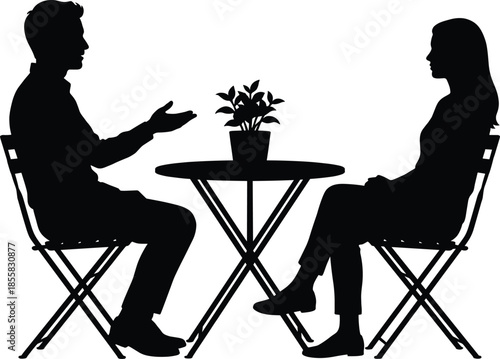 man woman conversation silhouettes, seated discussion illustration, interpersonal communication meeting, counseling interview concept, dialogue negotiation, black vector isolated design, background