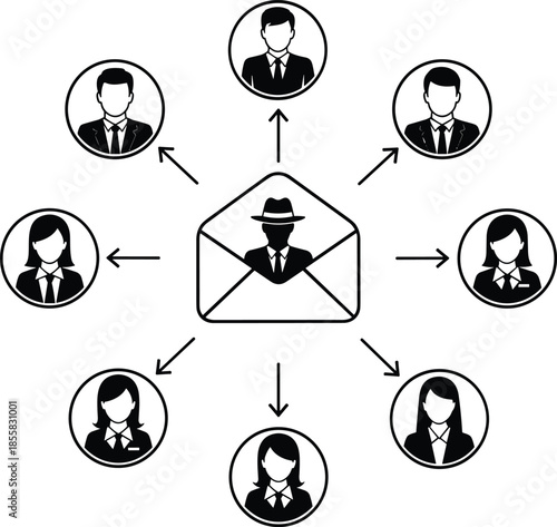 Email phishing attack illustration, cyber security threat concept, anonymous hacker sending malicious messages, data breach risk, digital communication network diagram
