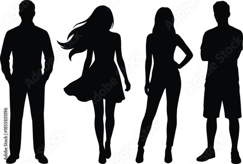 people silhouettes collection, standing men women figures illustration, human body poses set, black vector isolated design, lifestyle characters, template background