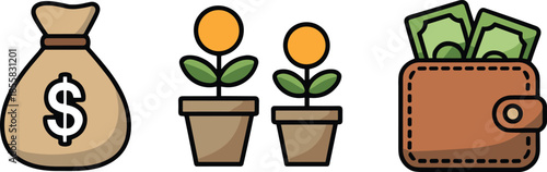 Financial growth concept with money bag, blooming plants, wallet full of cash, investment symbols, cartoon style illustration