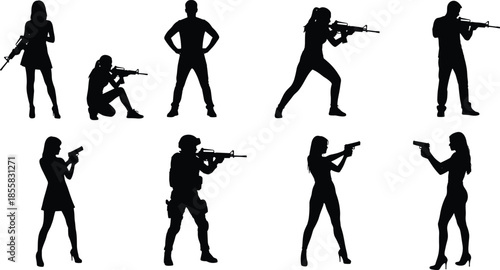 I understand you are requesting a title and keywords for this image, which depicts silhouettes of people holding realistic firearms.