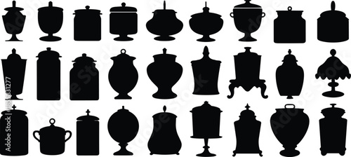 Urn silhouette collection, jar icons, container shapes, black vector, antique vessels, pottery, design 