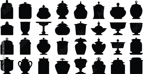 Urn silhouettes, jar icons, container shapes, black vector, antique vessels, pottery forms, lid styles, base designs, archaeology, art history, ceramic outline, museum artifacts, vintage jars,