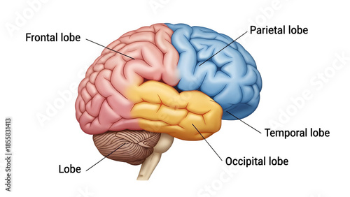 Detailed scientific illustration clearly depicting the major labeled lobes of the human cerebrum including the frontal parietal temporal and occipital regions for anatomical study.